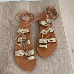 Greek gold leather gladiator lace-up sandals